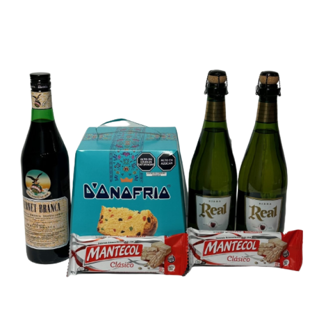 Sexto de Navidad de Panetón D'Onofrio, 2 Mantecol,  2 Sidra Real Etiqueta Blanca y Fernet Branca Argentino