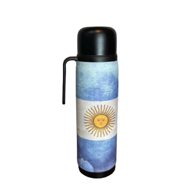 Termo Metalico Inoxidable 1 Litro con Pico Vertedor y Mango Negro Bandera Argentina con Sol